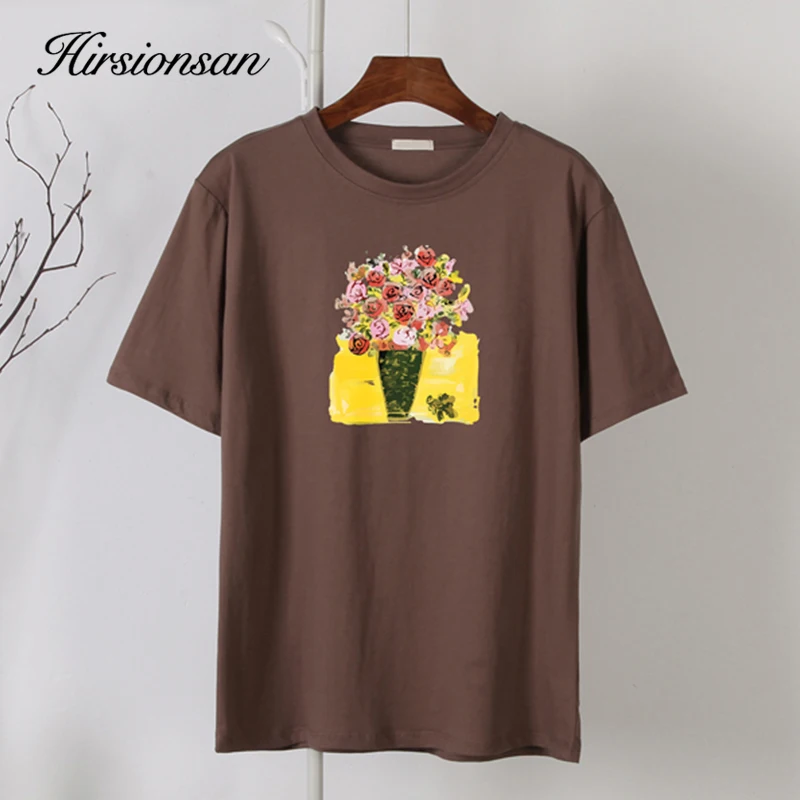 Hirsionsan Verão pintados à Mão Flores Impresso T-Shirt das Mulheres Vintage Elegante Solta Tee Gráfico de Algodão Macio Feminino Pulôver Tops Imagem 1