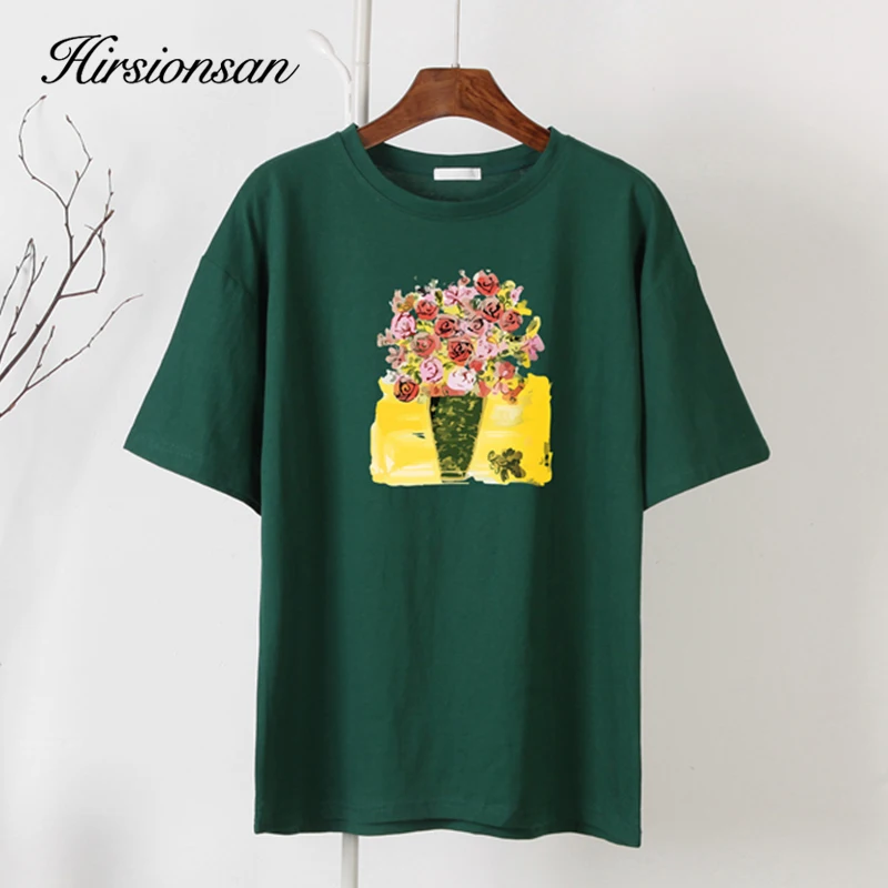 Hirsionsan Verão pintados à Mão Flores Impresso T-Shirt das Mulheres Vintage Elegante Solta Tee Gráfico de Algodão Macio Feminino Pulôver Tops Imagem 2