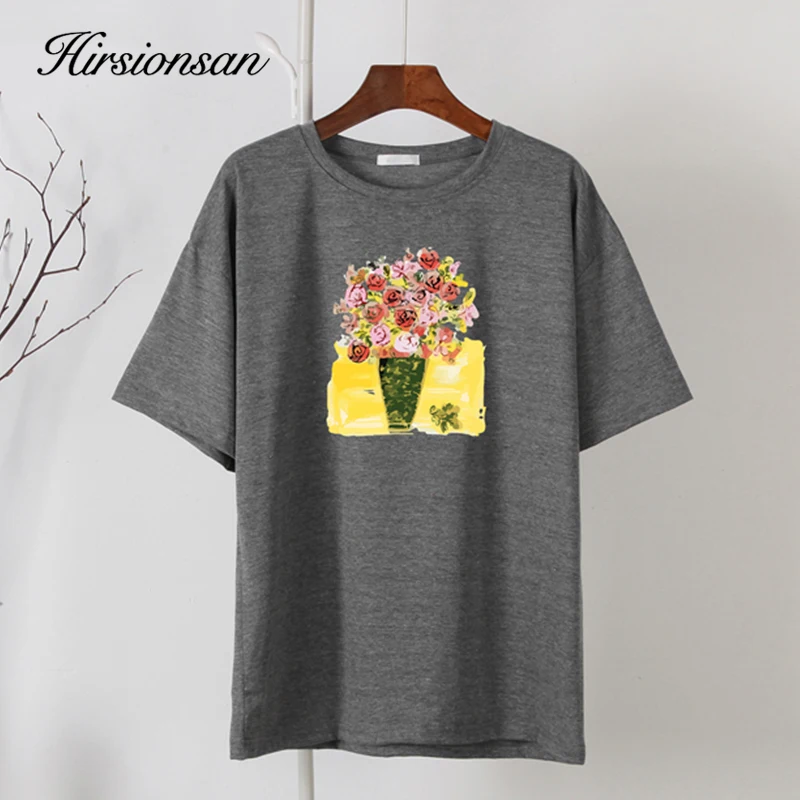 Hirsionsan Verão pintados à Mão Flores Impresso T-Shirt das Mulheres Vintage Elegante Solta Tee Gráfico de Algodão Macio Feminino Pulôver Tops Imagem 3