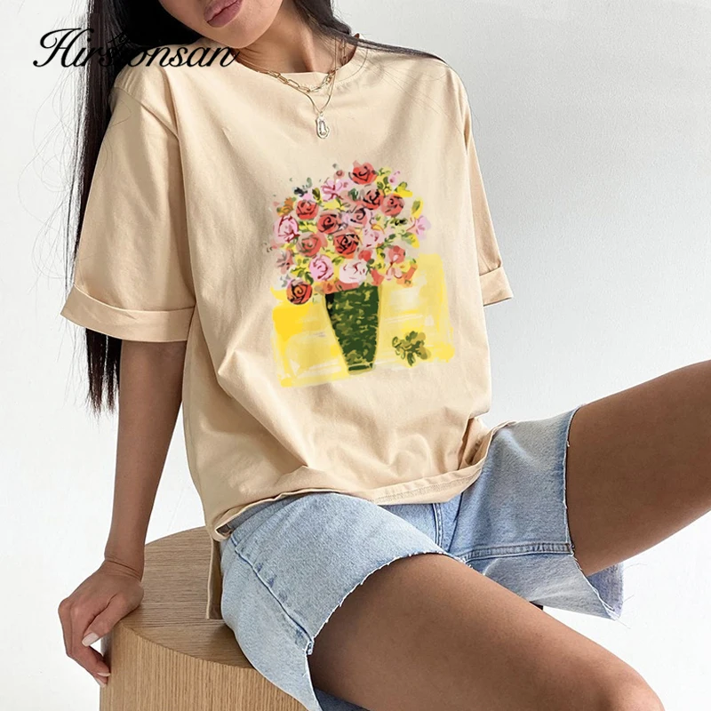Hirsionsan Verão pintados à Mão Flores Impresso T-Shirt das Mulheres Vintage Elegante Solta Tee Gráfico de Algodão Macio Feminino Pulôver Tops Imagem 4