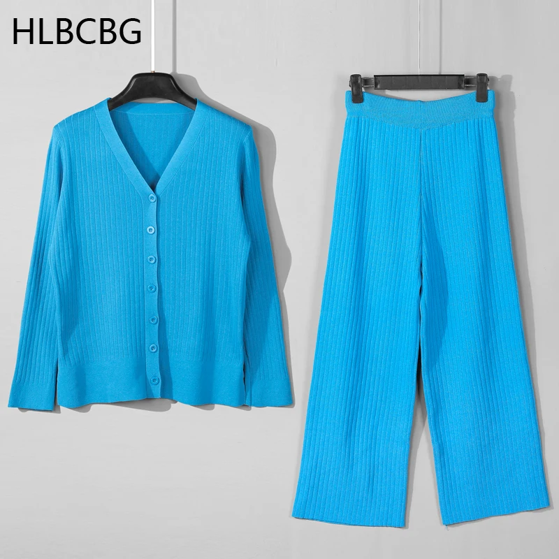 HLBCBG 2 pçs Malha Mulheres Conjuntos de grandes dimensões Longa Reta Calça ternos Oversized com Nervuras Suéter Grande Perna de Calça de Fatos de treino Imagem 5