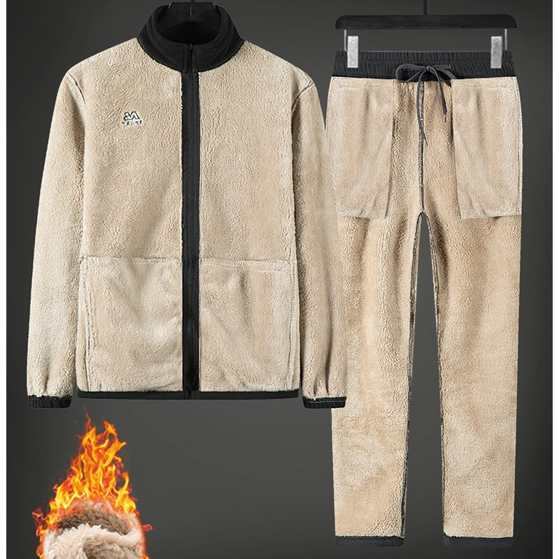 Inverno de Lã Homens Quentes Casual Conjuntos de Homens de Casaco com Capuz + Calça 2Pcs de Treino de Sportswear de Moda Zíper Conjuntos Masculino Roupas de Marca Imagem 1