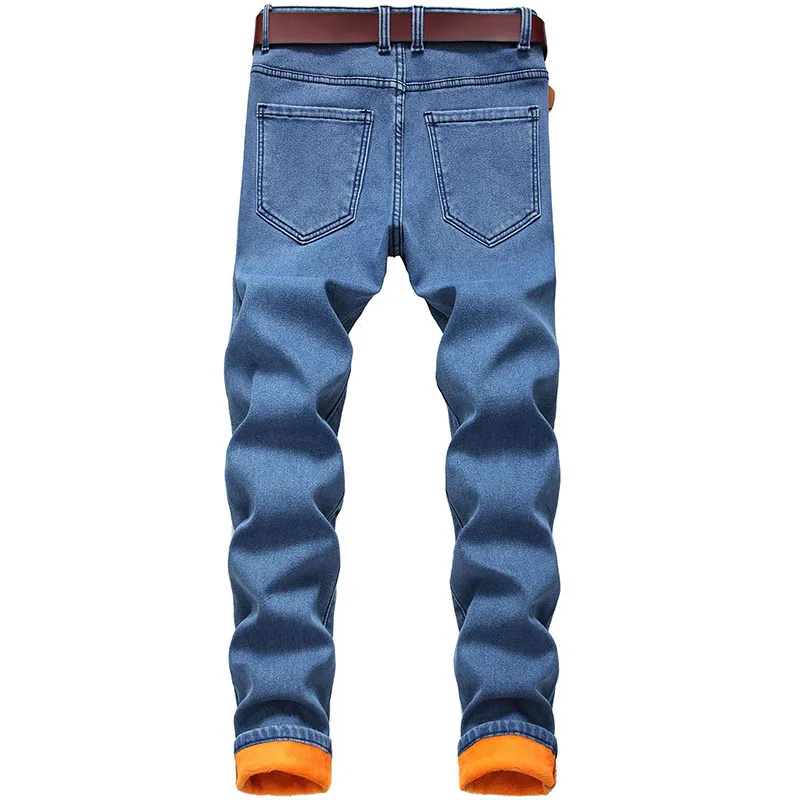 Inverno Novos Homens De Lã Jeans Casual Clássico Estiramento Montado Em Linha Reta Calças Jeans Masculina De Cor Sólida Elástico Grosso Calças Quentes Imagem 1