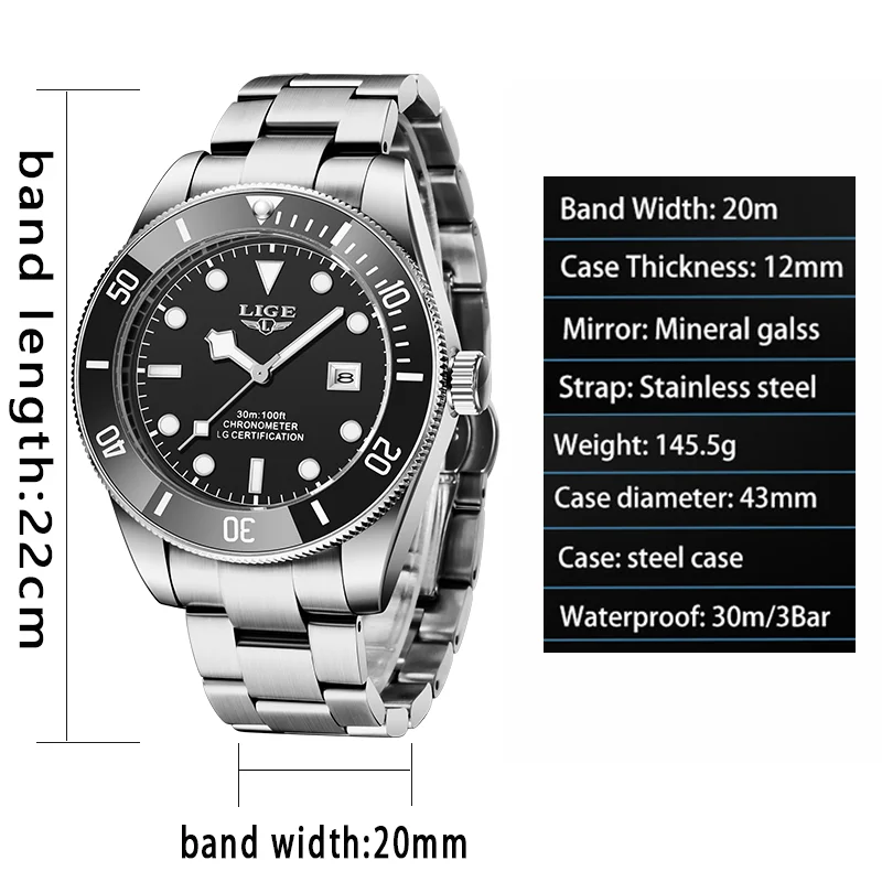 LIGE Original de Quartzo Homens Relógio Marca de Topo do aço Inoxidável dos Homens Relógios Impermeável relógio de Pulso Luminoso do Relógio Calendário Relógio Masculino Imagem 4