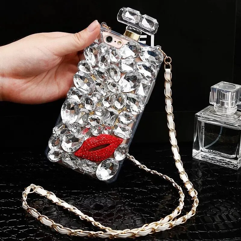 Luxo, Brilho Bling Diamante de Cristal Beijo Frasco de Perfume Com a Cadeia de Caso Para o Iphone 14 13 12 11 Pro MAX XS Max XR X 8 7 6 Plus Imagem 2