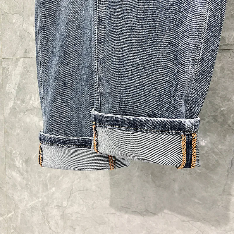 Moda H Marca de Luxo masculina Jeans Azul Clássico Folgado Macho Reto Calças Lavadas Retro Moda Casual Meados de Cintura Trecho Denims Imagem 4