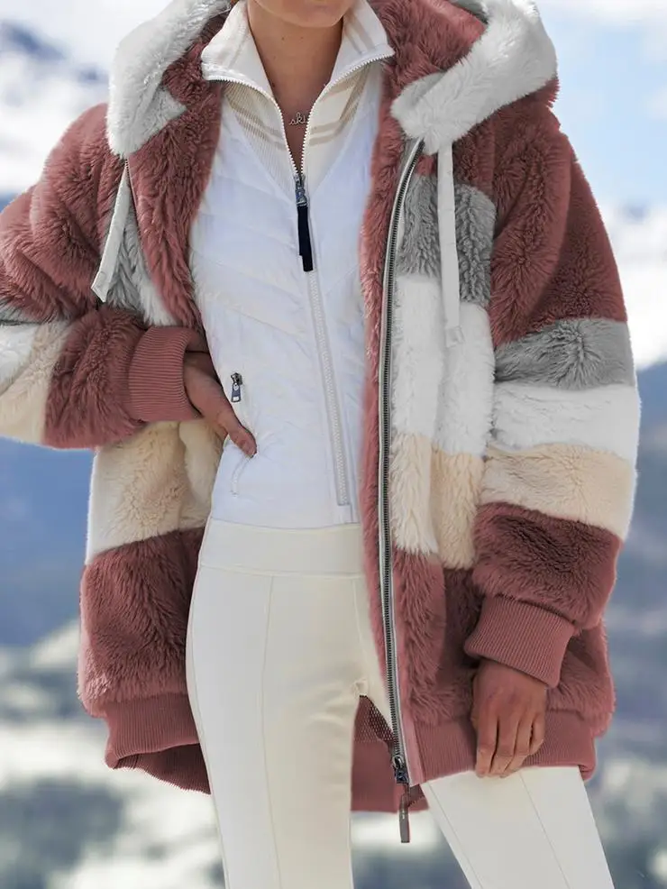 Mulheres de cor bloqueio de moletom jaqueta de 2022 nova mistura de cores emenda de inverno de peles zíper parka Imagem 4