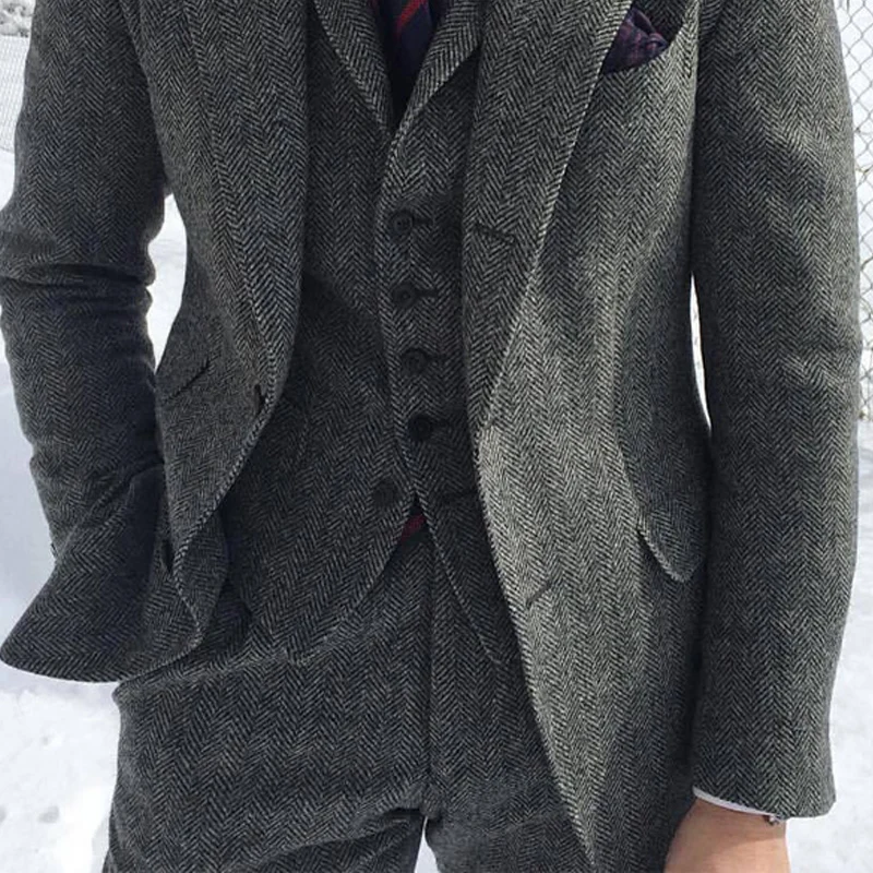 Na Venda de Moda Casual Cinza de Lã Tweed Homens Ternos Para Casamento de Inverno Formais 3-Pedaço de Espinha de peixe Conjunto Jaqueta Colete com Calças Imagem 1