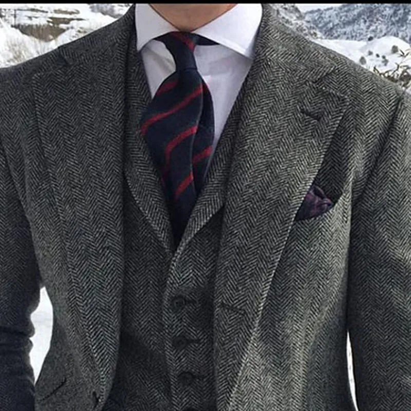 Na Venda de Moda Casual Cinza de Lã Tweed Homens Ternos Para Casamento de Inverno Formais 3-Pedaço de Espinha de peixe Conjunto Jaqueta Colete com Calças Imagem 2