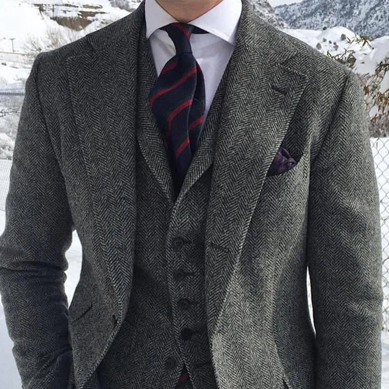 Na Venda de Moda Casual Cinza de Lã Tweed Homens Ternos Para Casamento de Inverno Formais 3-Pedaço de Espinha de peixe Conjunto Jaqueta Colete com Calças Imagem 3