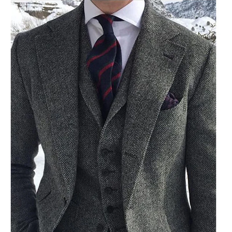 Na Venda de Moda Casual Cinza de Lã Tweed Homens Ternos Para Casamento de Inverno Formais 3-Pedaço de Espinha de peixe Conjunto Jaqueta Colete com Calças Imagem 4