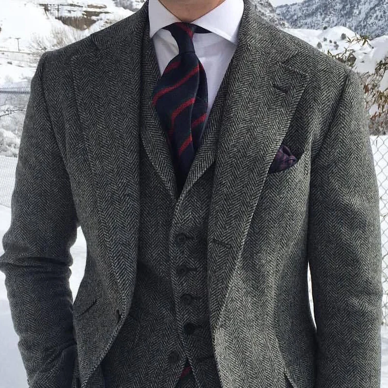 Na Venda de Moda Casual Cinza de Lã Tweed Homens Ternos Para Casamento de Inverno Formais 3-Pedaço de Espinha de peixe Conjunto Jaqueta Colete com Calças Imagem 5