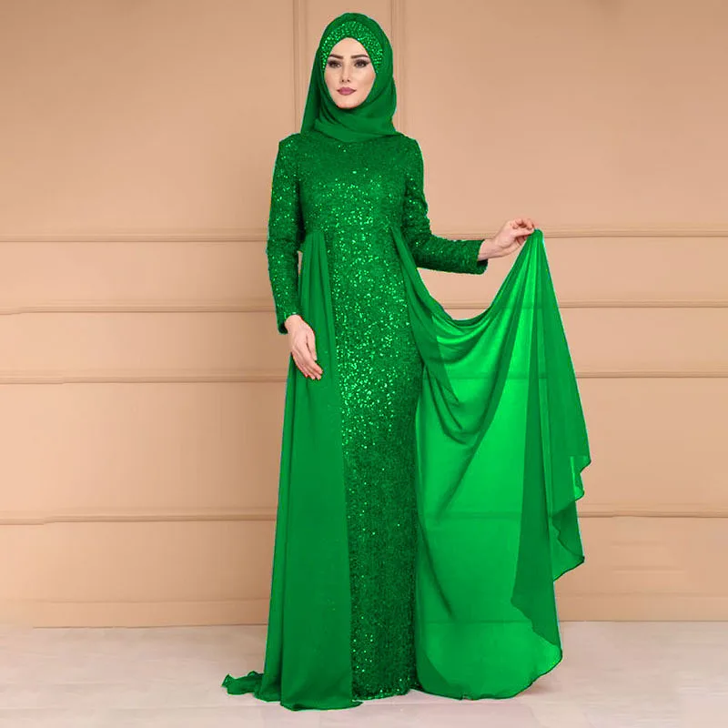 Nova Moda das Mulheres de Lantejoulas Vestido Modesto em Tamanho Grande Hijab Muçulmano Vestido de Manga Longa Arábia saudita Abayas Para Femme Manto Longue S-5XL Imagem 1
