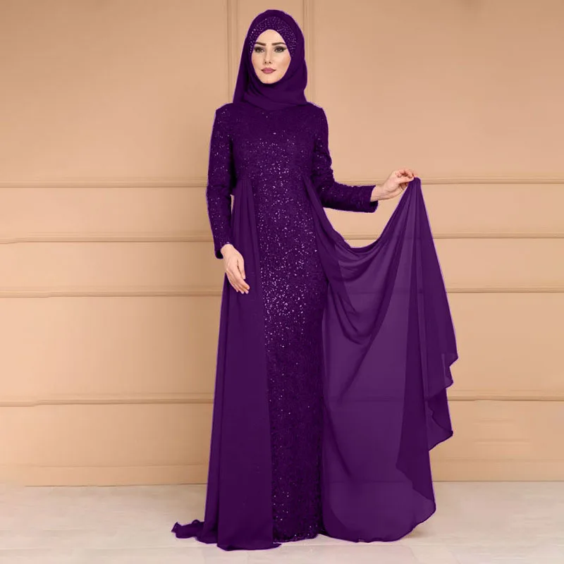 Nova Moda das Mulheres de Lantejoulas Vestido Modesto em Tamanho Grande Hijab Muçulmano Vestido de Manga Longa Arábia saudita Abayas Para Femme Manto Longue S-5XL Imagem 3