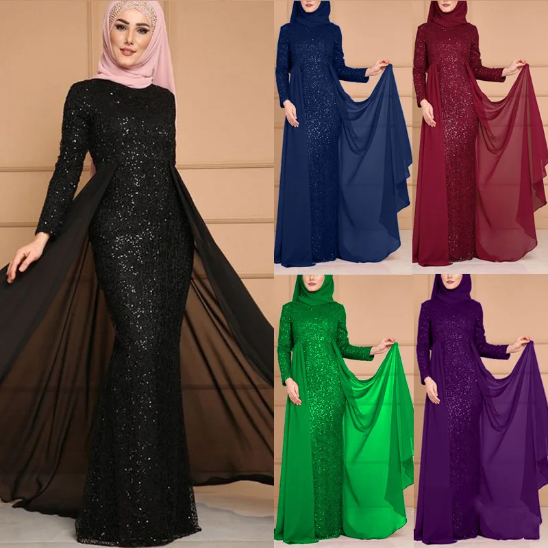 Nova Moda das Mulheres de Lantejoulas Vestido Modesto em Tamanho Grande Hijab Muçulmano Vestido de Manga Longa Arábia saudita Abayas Para Femme Manto Longue S-5XL Imagem 5