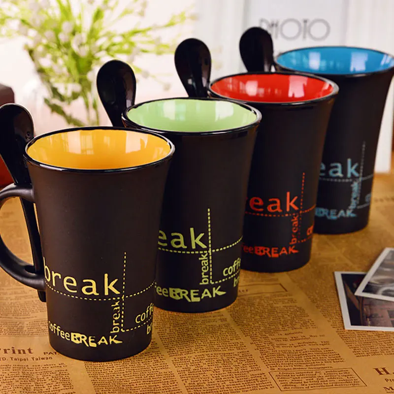 Novas simples de cerâmica, canecas de café com uma colher, processar canecas personalidade criativa bonito xícara de café copos Copos para a cozinha Imagem 1