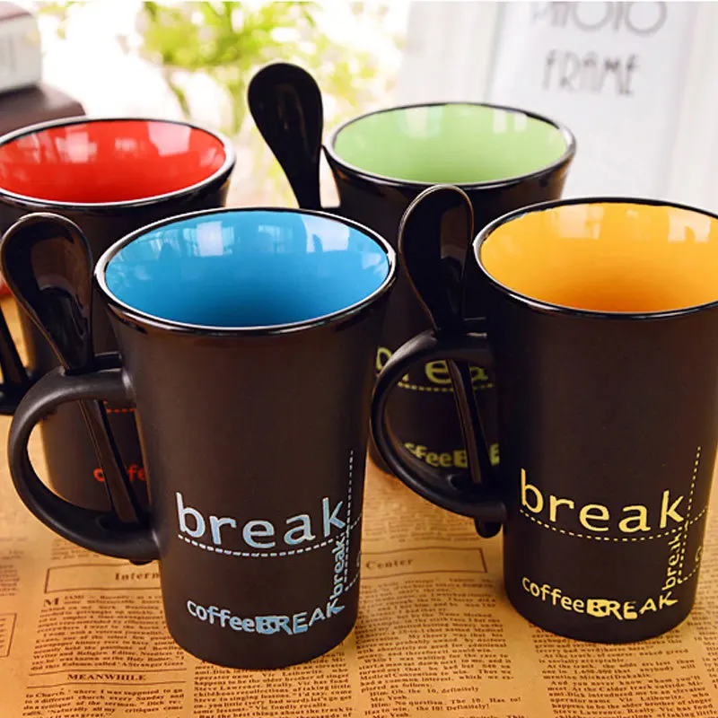 Novas simples de cerâmica, canecas de café com uma colher, processar canecas personalidade criativa bonito xícara de café copos Copos para a cozinha Imagem 2