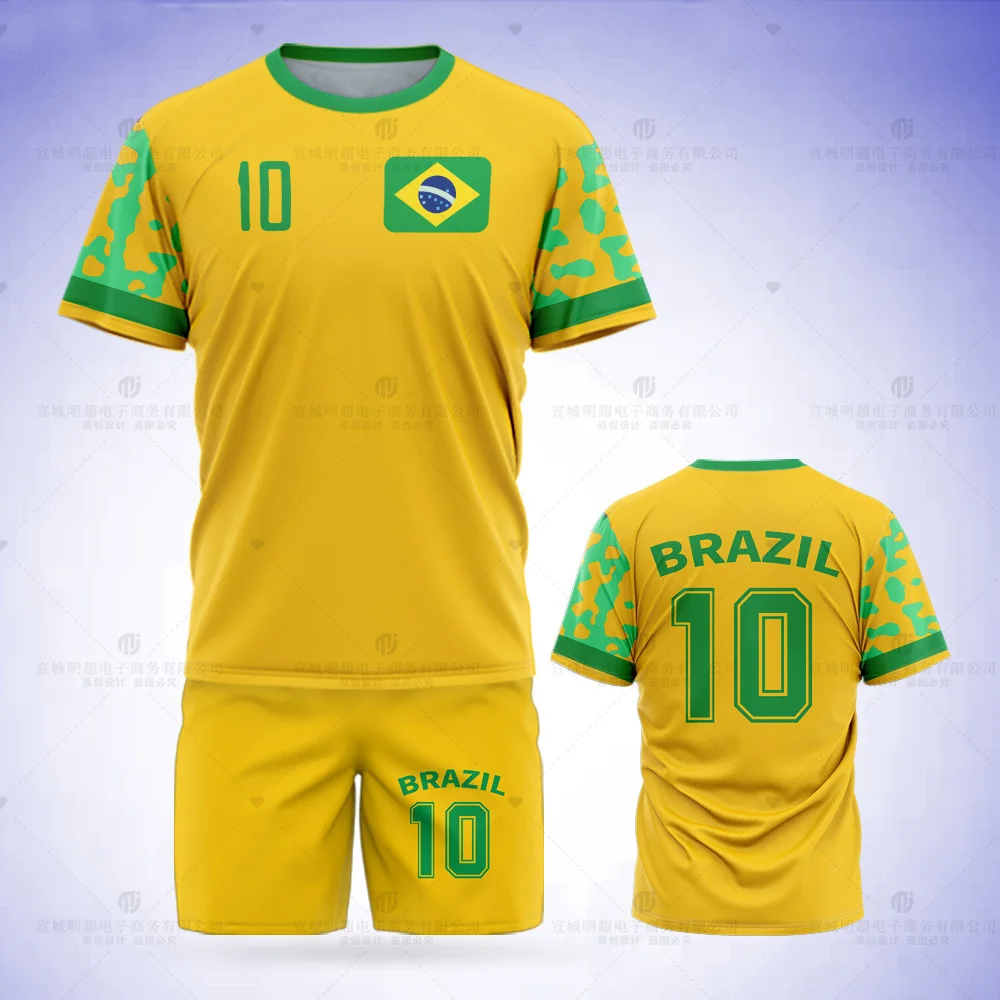 Novo Jumeast Brasil de Futebol Jersey Padrão T-Conjunto de camisa de Futebol de Bandeira de Impressão Shorts Amarelo Malha de Esportes de Bola Roupas Equipe de Uniforme Imagem 1
