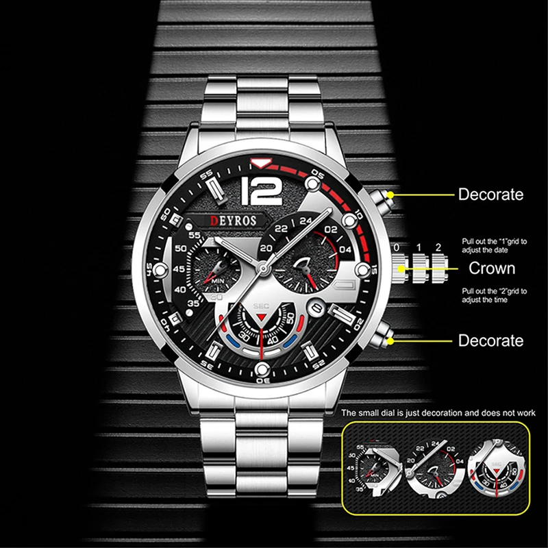Novos Homens de Aço Inoxidável Relógios de Luxo Quartzo relógio de Pulso Calendário Luminoso do Relógio Homens de Negócios Relógio Casual Presentes Imagem 2