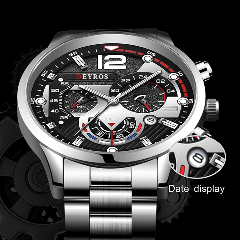 Novos Homens de Aço Inoxidável Relógios de Luxo Quartzo relógio de Pulso Calendário Luminoso do Relógio Homens de Negócios Relógio Casual Presentes Imagem 3
