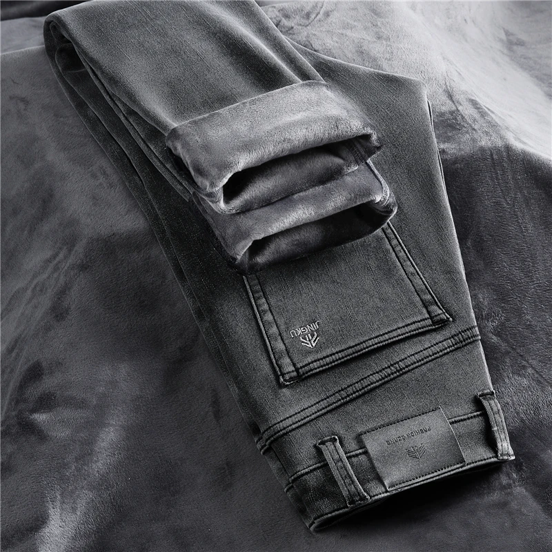O Estilo clássico do Inverno dos Homens Fumaça Cinza de Lã Quente Jeans Moda Casual Trecho Magro Calças Jeans Engrossar Marca de Calças Pretas Imagem 1