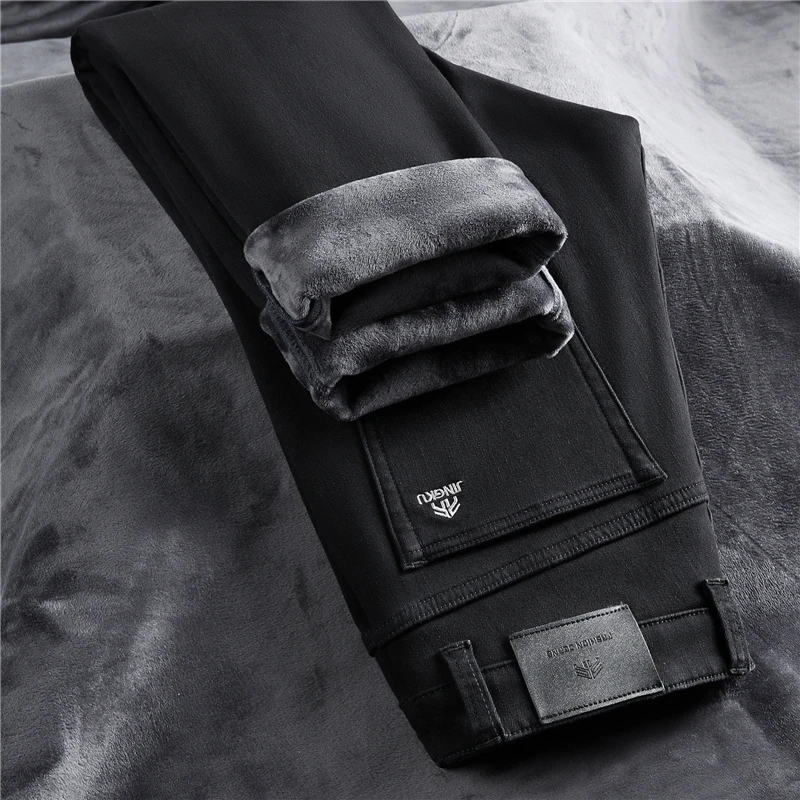 O Estilo clássico do Inverno dos Homens Fumaça Cinza de Lã Quente Jeans Moda Casual Trecho Magro Calças Jeans Engrossar Marca de Calças Pretas Imagem 2