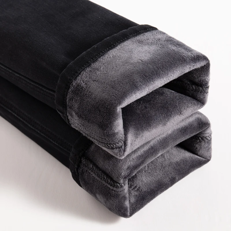 O Estilo clássico do Inverno dos Homens Fumaça Cinza de Lã Quente Jeans Moda Casual Trecho Magro Calças Jeans Engrossar Marca de Calças Pretas Imagem 3