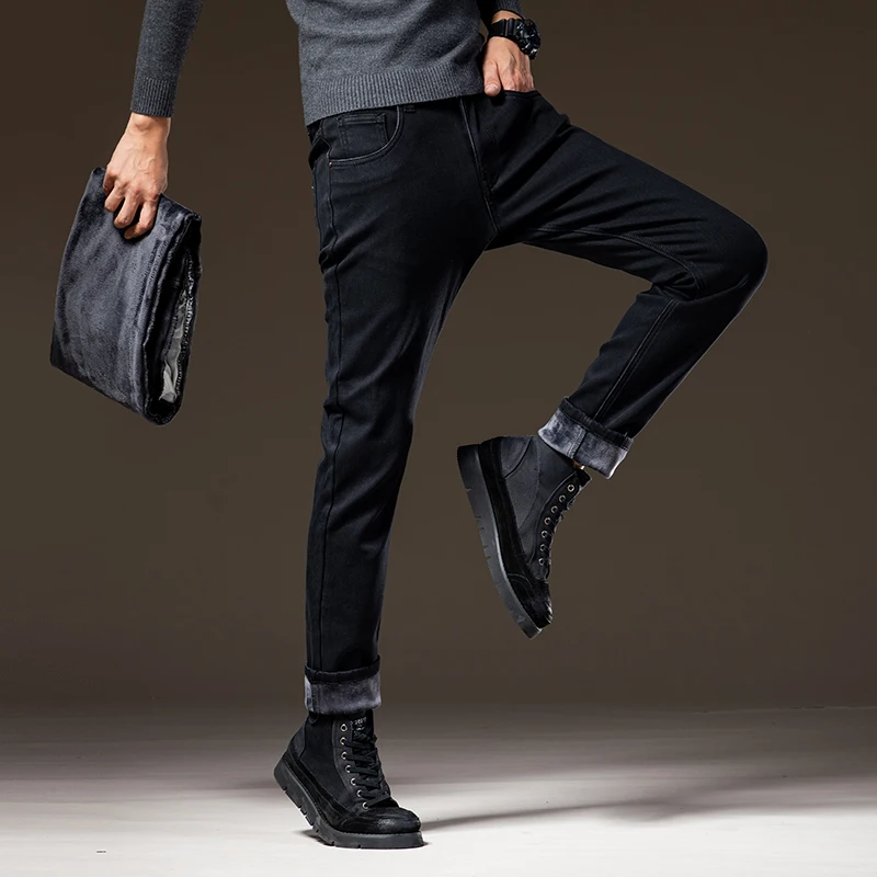 O Estilo clássico do Inverno dos Homens Fumaça Cinza de Lã Quente Jeans Moda Casual Trecho Magro Calças Jeans Engrossar Marca de Calças Pretas Imagem 4