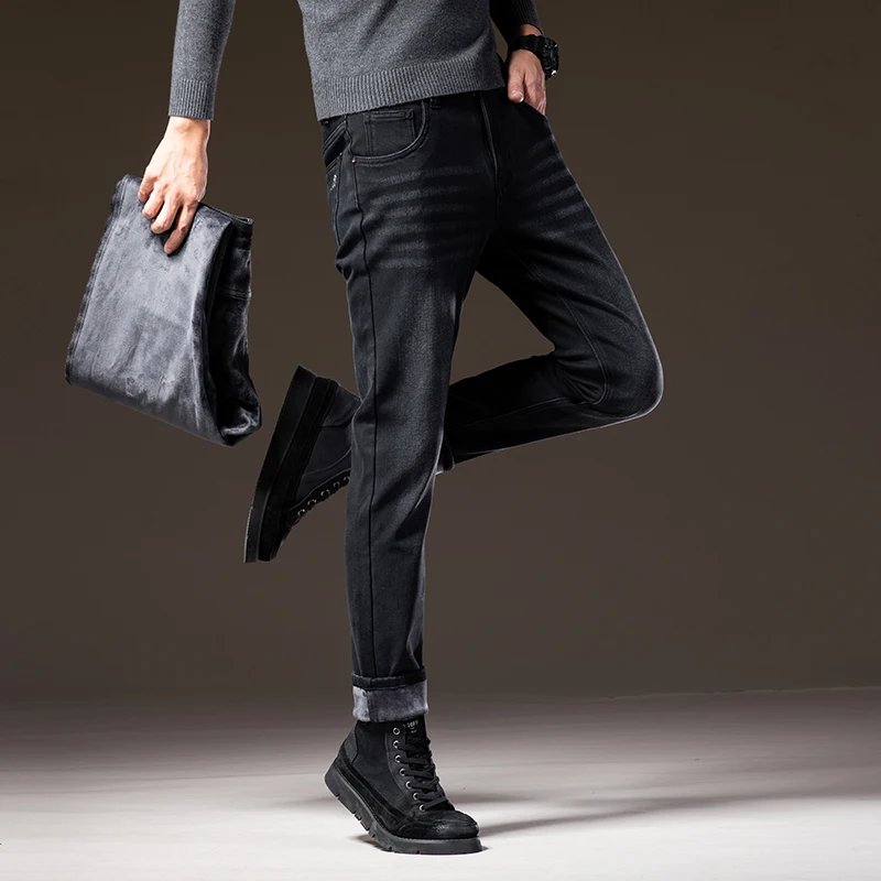 O Estilo clássico do Inverno dos Homens Fumaça Cinza de Lã Quente Jeans Moda Casual Trecho Magro Calças Jeans Engrossar Marca de Calças Pretas Imagem 5
