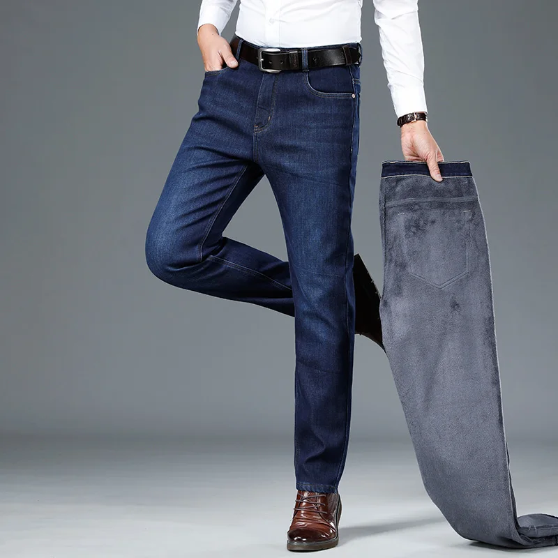 O inverno dos Homens Novos Slim calça Jeans Reta de Negócios de Moda Casual, Além de Veludo Grosso Jeans Calças do Estiramento de Marca, Calça Azul Preto 42 Imagem 1