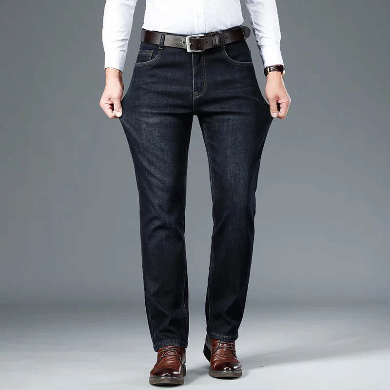 O inverno dos Homens Novos Slim calça Jeans Reta de Negócios de Moda Casual, Além de Veludo Grosso Jeans Calças do Estiramento de Marca, Calça Azul Preto 42 Imagem 4