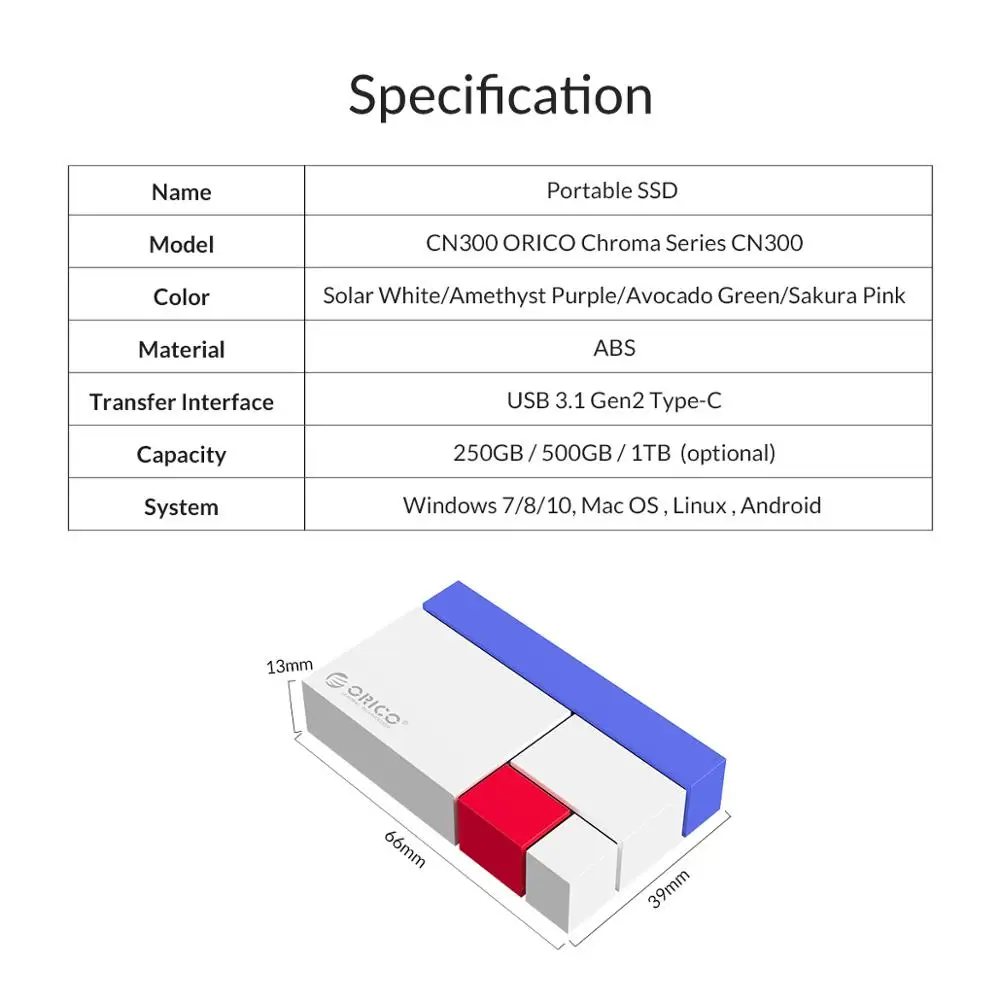 ORICO Chroma CN300 Unidades Externas de disco Rígido de 500GB, 1TB de 250GB Mini Portátil SSD Tipo-C 540M/S Externa Unidade de Estado Sólido SSD Externo Imagem 5