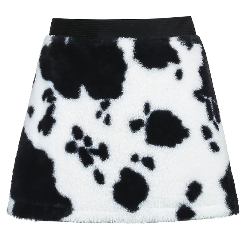 Peludos Vaca Impressão de Outono Mini-Saia de Mulheres Vaca Padrão Preto-e-Branco de Cintura Alta Curta Saia de Inverno Senhoras Peludos Streetwear Imagem 3