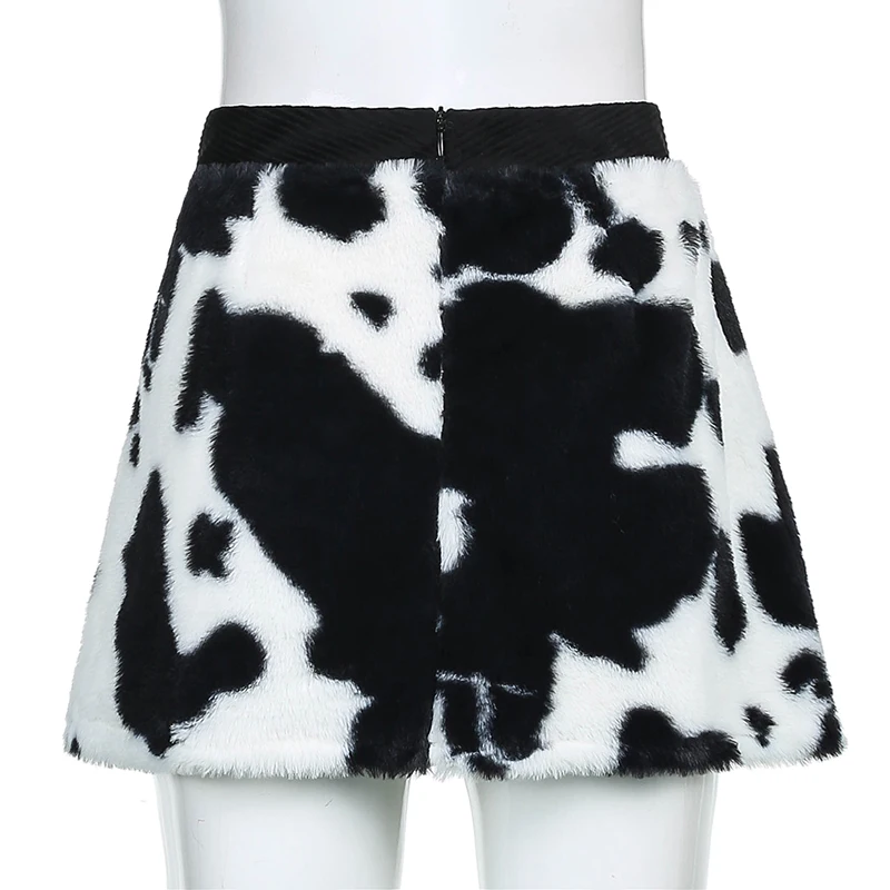 Peludos Vaca Impressão de Outono Mini-Saia de Mulheres Vaca Padrão Preto-e-Branco de Cintura Alta Curta Saia de Inverno Senhoras Peludos Streetwear Imagem 4