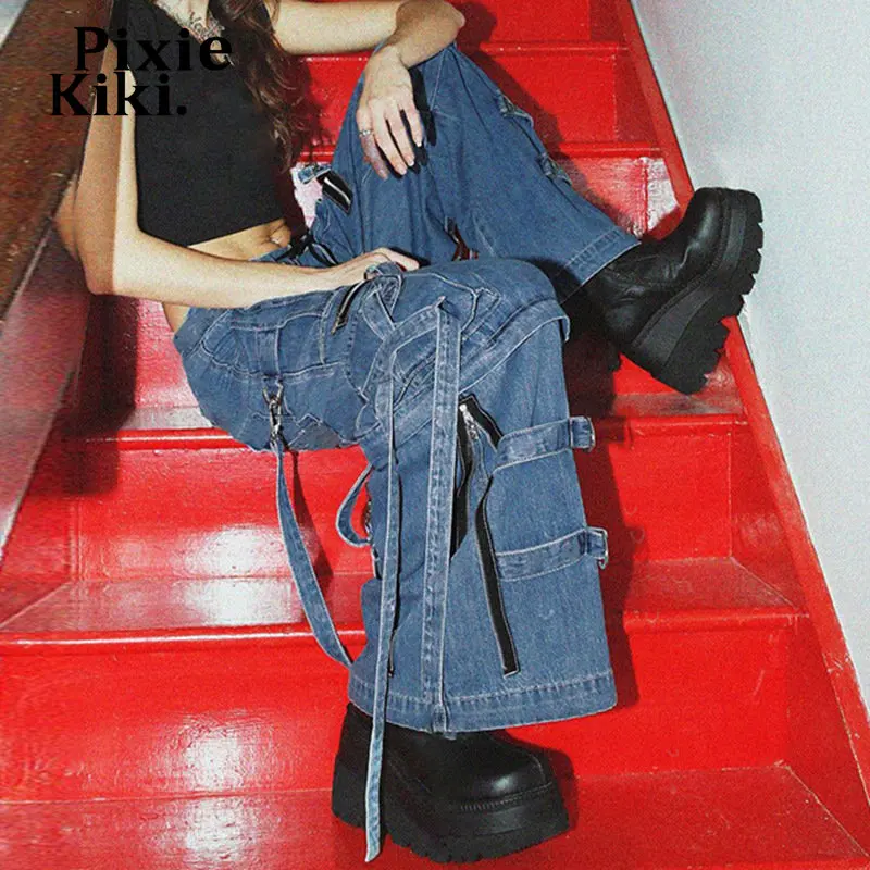 PixieKiki Trashy Y2k Streetwear de Baixo crescimento Jeans para Mulheres Fivela de Metal Zíper Cinto Folgado Calças Cargo da década de 2000 Roupas P67-FI110 Imagem 1