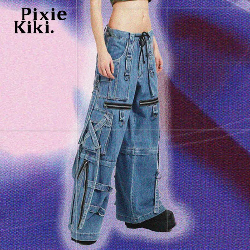 PixieKiki Trashy Y2k Streetwear de Baixo crescimento Jeans para Mulheres Fivela de Metal Zíper Cinto Folgado Calças Cargo da década de 2000 Roupas P67-FI110 Imagem 2
