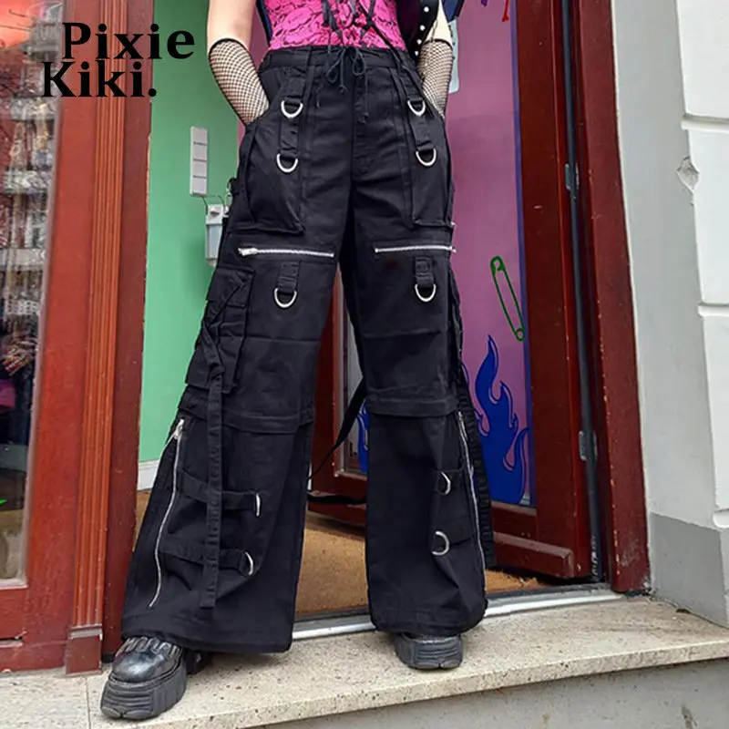 PixieKiki Trashy Y2k Streetwear de Baixo crescimento Jeans para Mulheres Fivela de Metal Zíper Cinto Folgado Calças Cargo da década de 2000 Roupas P67-FI110 Imagem 3