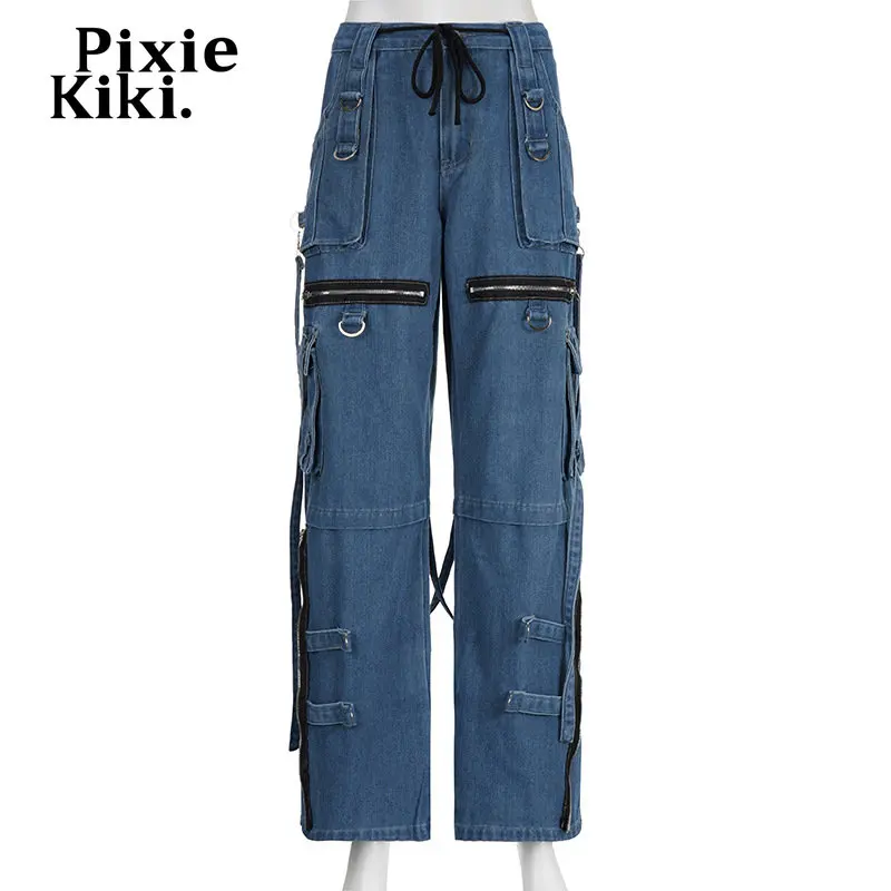 PixieKiki Trashy Y2k Streetwear de Baixo crescimento Jeans para Mulheres Fivela de Metal Zíper Cinto Folgado Calças Cargo da década de 2000 Roupas P67-FI110 Imagem 5