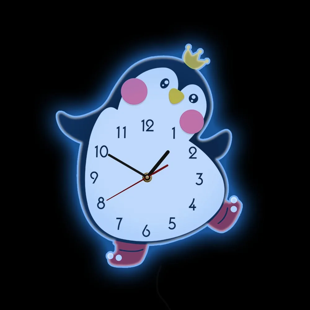 Princesa Bonito Menina Pinguim De Parede Dos Desenhos Animados Relógio Movimento Silencioso Viveiro Quarto Quarto De Crianças, Arte De Parede Decoração Cor Impressa Relógio De Parede Imagem 3