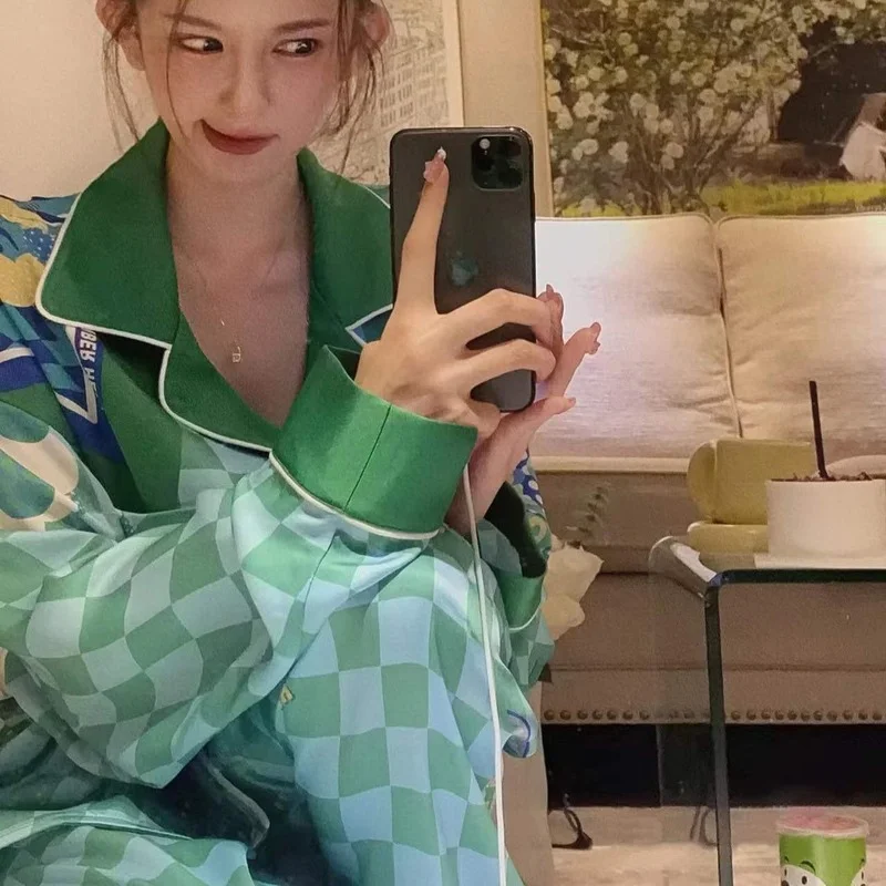 QWEEK Verificado Pijama Verde Casaquinho para as Mulheres de Verão, Roupas de grife terninhos Pijamas Camisola Lingerie Cueca Imagem 1