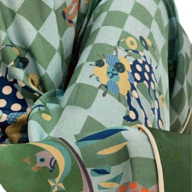 QWEEK Verificado Pijama Verde Casaquinho para as Mulheres de Verão, Roupas de grife terninhos Pijamas Camisola Lingerie Cueca Imagem 5