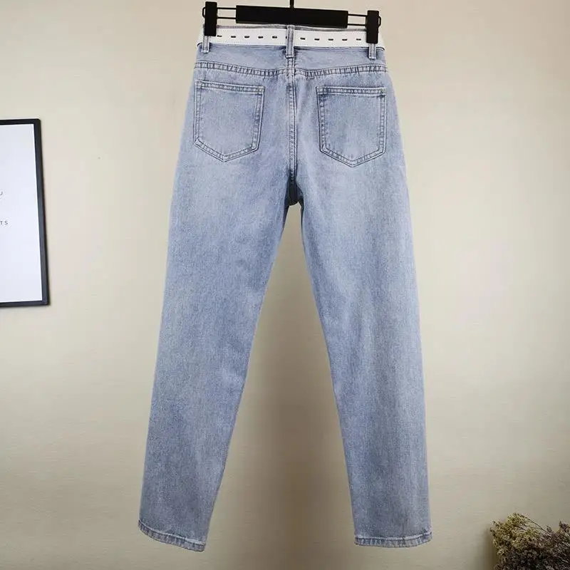 Ripped Jeans, Jaqueta as Mulheres formam a Pérola Casual Grande Tamanho de calças de Brim de 2022, a Primavera e o Outono as Mulheres de Cintura Alta Harém Calças E204 Imagem 1