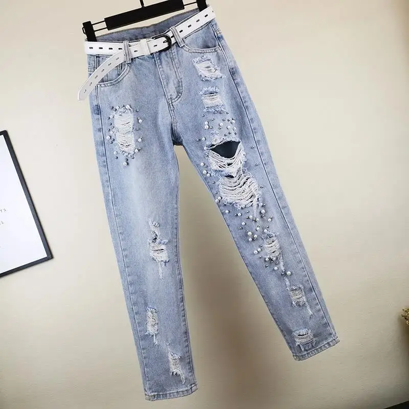Ripped Jeans, Jaqueta as Mulheres formam a Pérola Casual Grande Tamanho de calças de Brim de 2022, a Primavera e o Outono as Mulheres de Cintura Alta Harém Calças E204 Imagem 2
