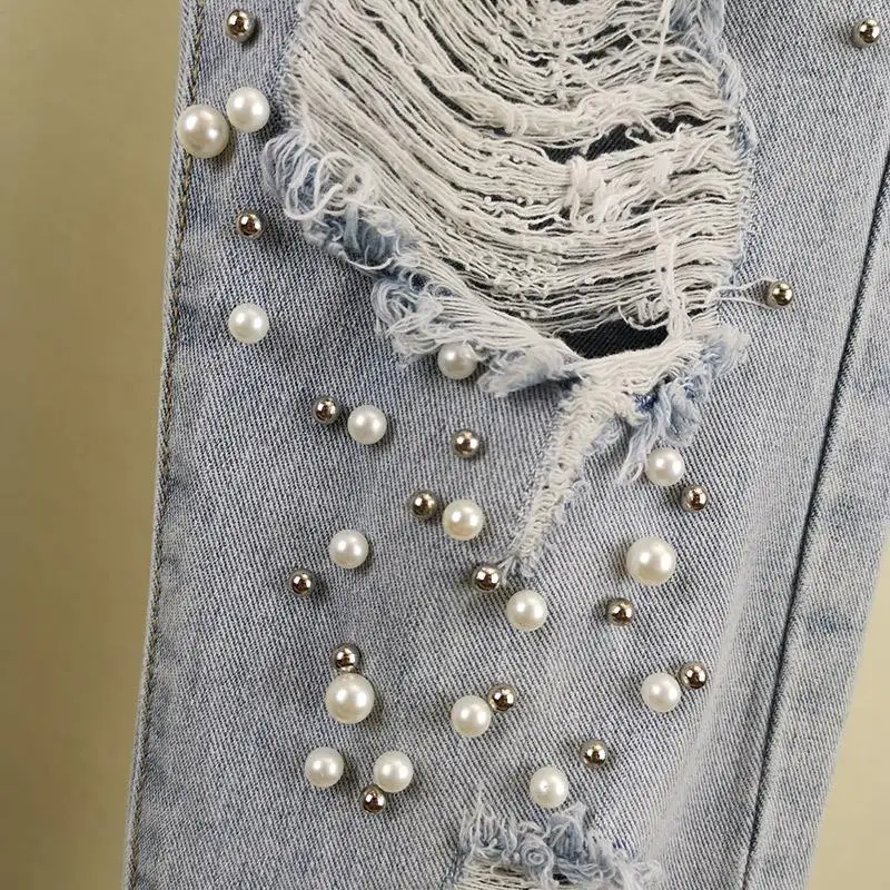 Ripped Jeans, Jaqueta as Mulheres formam a Pérola Casual Grande Tamanho de calças de Brim de 2022, a Primavera e o Outono as Mulheres de Cintura Alta Harém Calças E204 Imagem 3