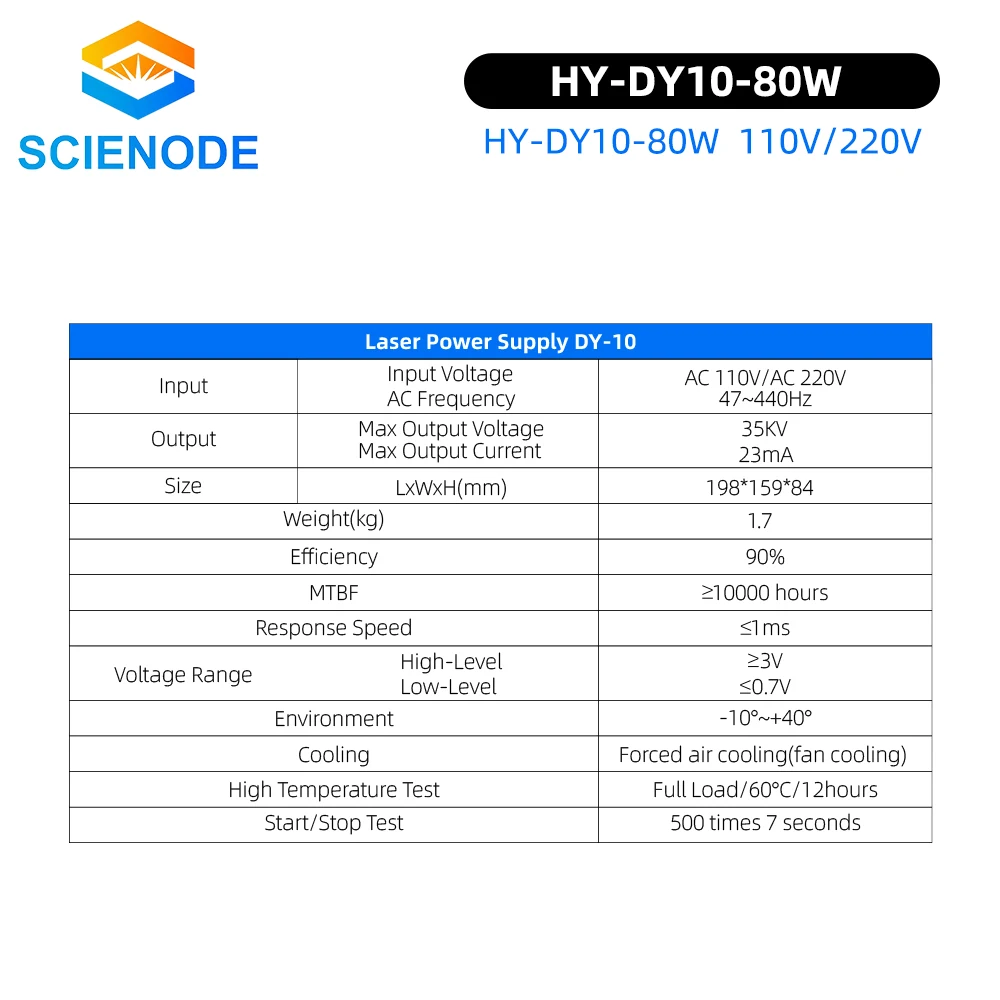 Scienode DY10 80W Laser de CO2 Fonte de Alimentação HY-DY10 110V 220V Para R W1/Z1/S1 do Laser do CO2 do Tubo de Gravura de Máquina de Corte DY Série Imagem 5