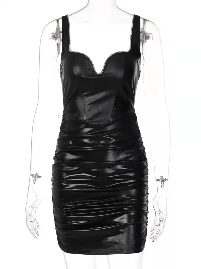 Sexy slip preto de strass, couro, vestido de verão das mulheres 2022 espartilho clube de vestido de festa da mulher sem encosto mini bodycon vestido de vestidos Imagem 2