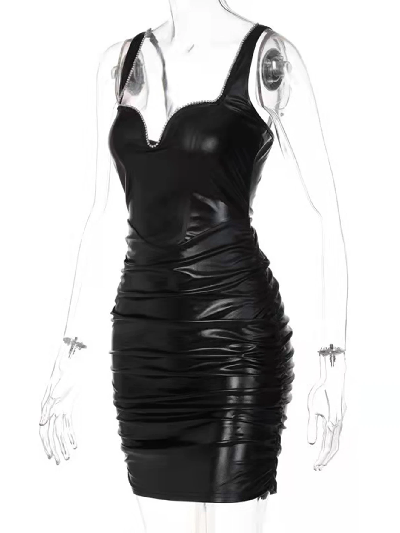 Sexy slip preto de strass, couro, vestido de verão das mulheres 2022 espartilho clube de vestido de festa da mulher sem encosto mini bodycon vestido de vestidos Imagem 4