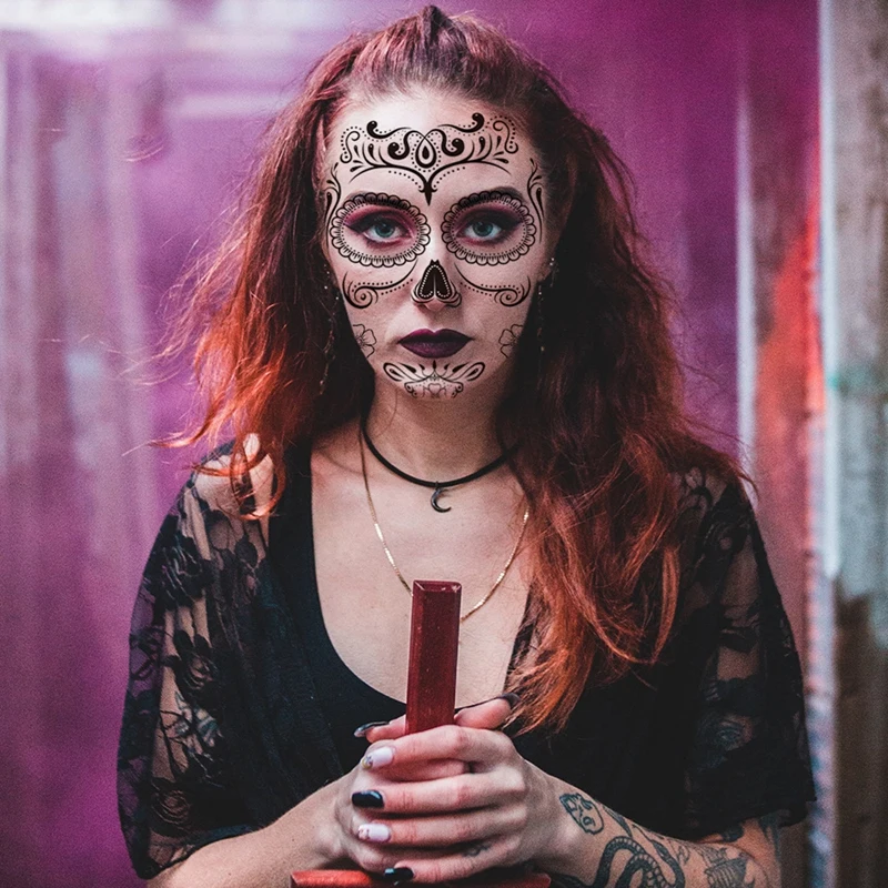 Temporário para Mulheres de Arte da Tatuagem Visage Maquiagem Adesivos Impermeáveis Festa Mexicana do Crânio Decorações para o Rosto Transferíveis Sexy Tatoo Imagem 5