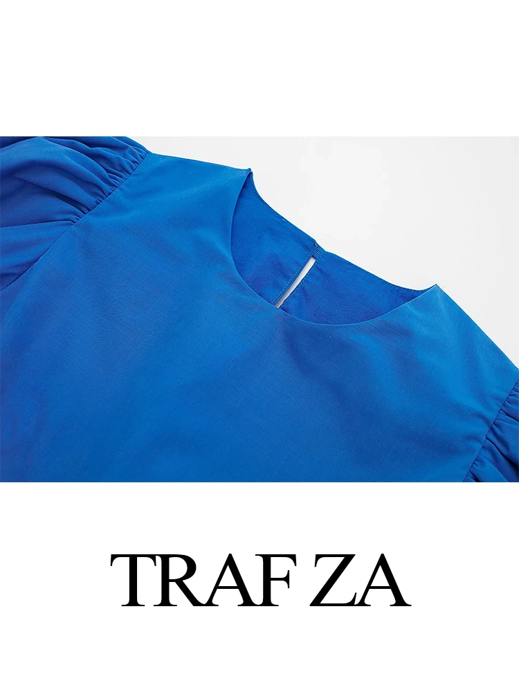 TRAF ZA Azul Marinho Elegante Tendência de Algodão Roupas femininas de Moda Premium Puff Manga Cortada Superior Plissado Saia Longa Senhora Terno Imagem 2