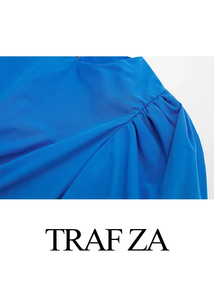 TRAF ZA Azul Marinho Elegante Tendência de Algodão Roupas femininas de Moda Premium Puff Manga Cortada Superior Plissado Saia Longa Senhora Terno Imagem 3